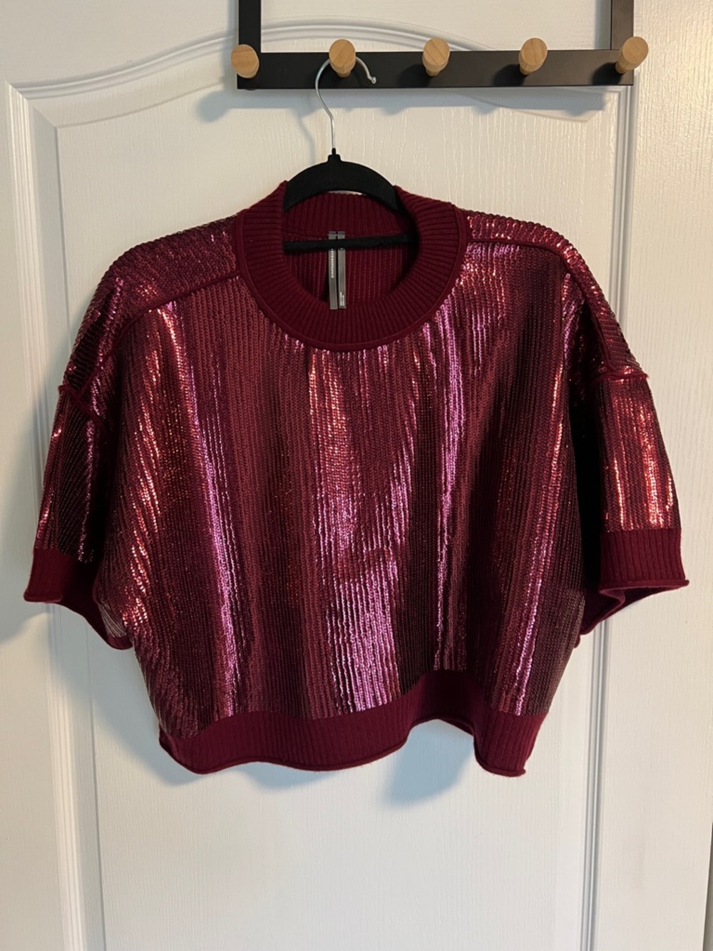 Anthropologie OB Goldie Metallic Dark Wine Sequin Short Sleeve Top